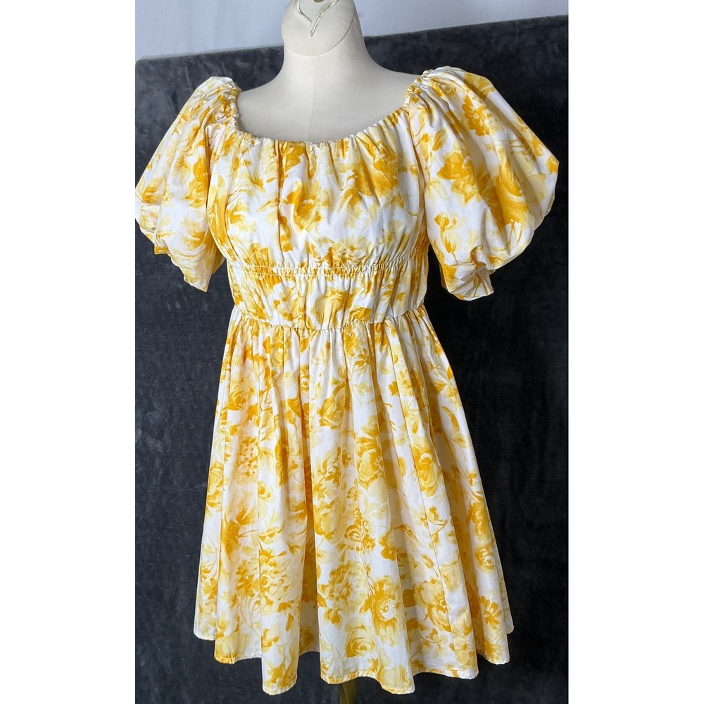 Abercrombie & Fitch Yellow Floral Puff Sleeve Smocked Mini Dress Womens Medium - Picture 10 of 10